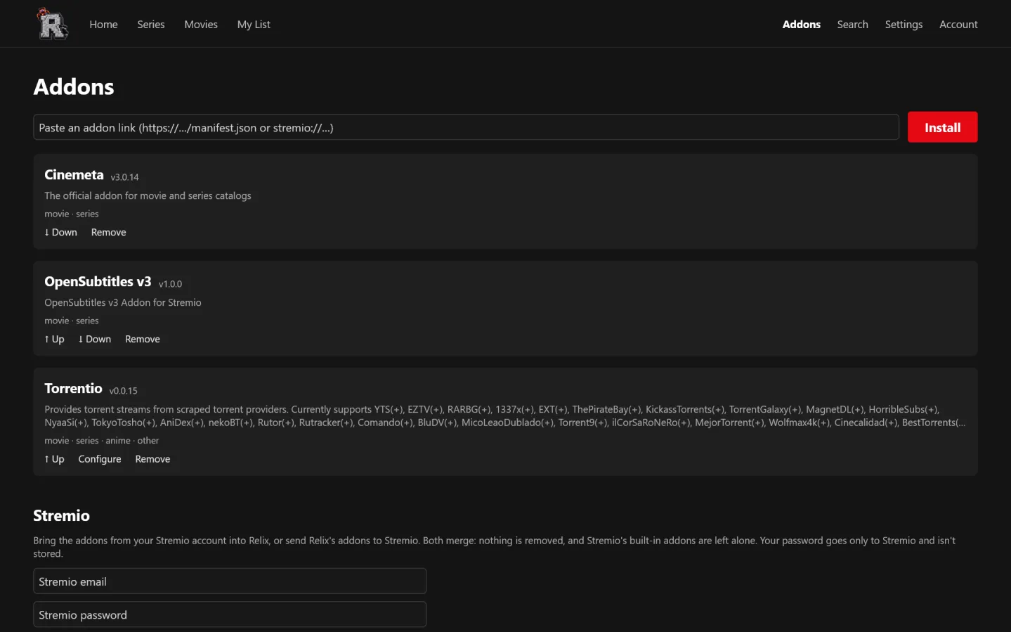The Addons screen with installed Stremio addons