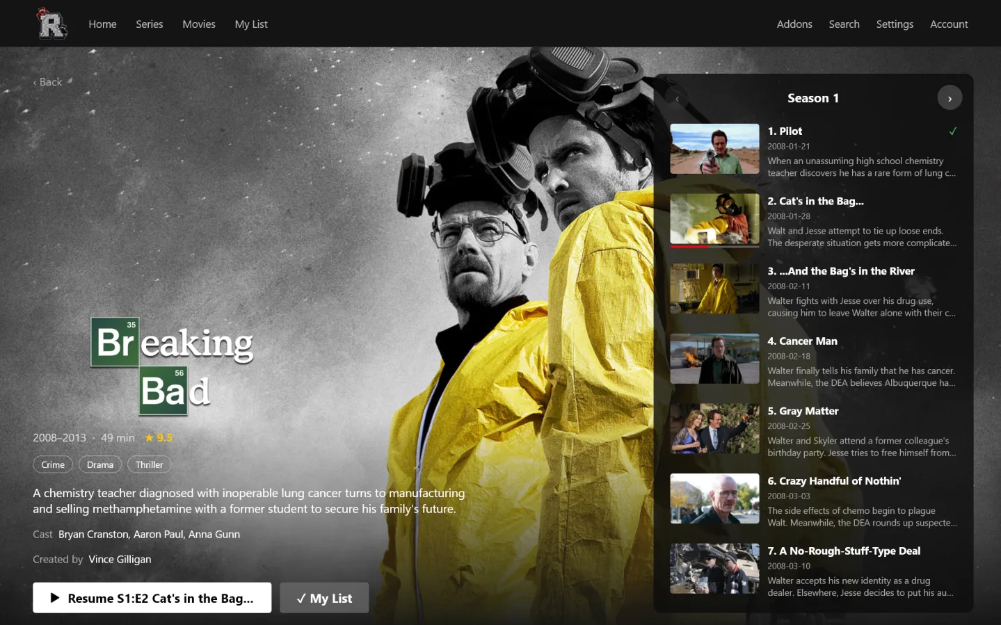 A series page with seasons and episodes