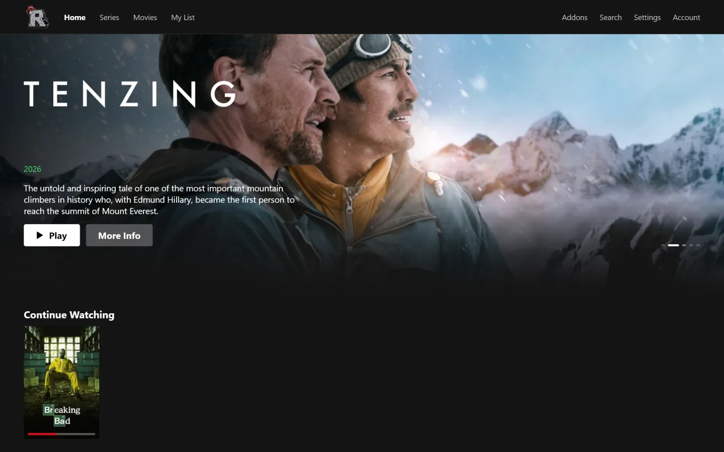 Relix home screen in the Netflix look: a featured title and Continue Watching
