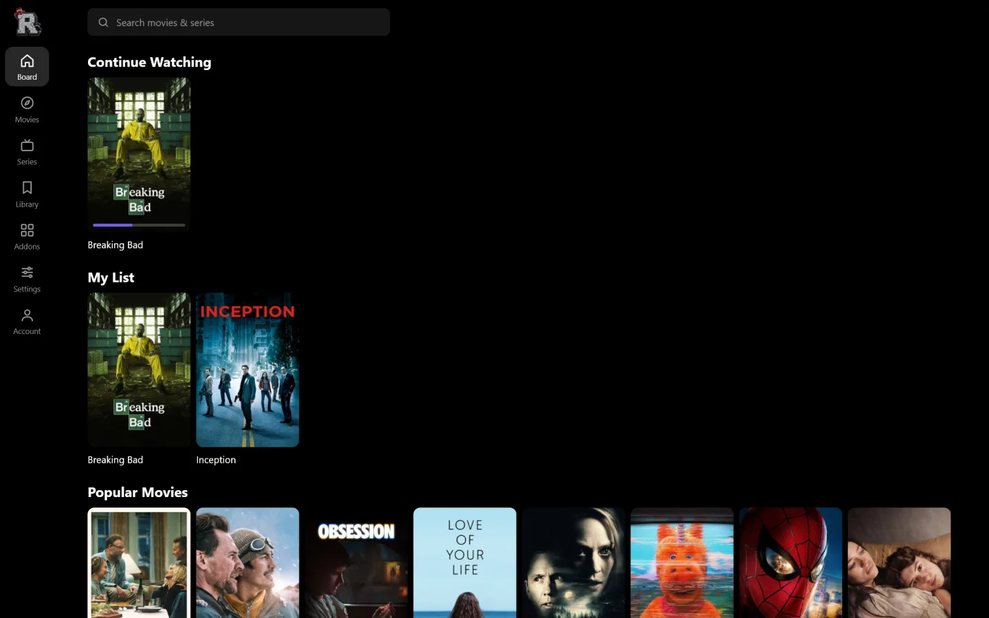 Relix home screen in the Stremio look: sidebar, search bar and poster rows